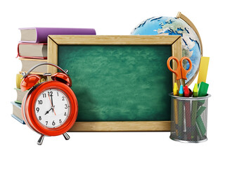 Back to school concept with blank green board. Transparent background. 3D illustration - obrazy, fototapety, plakaty
