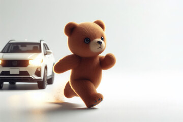 A little bear runs away from a car driving behind it. Place for text.