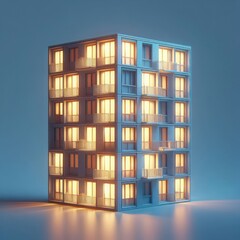 Model of a multi-storey building with the lights on.