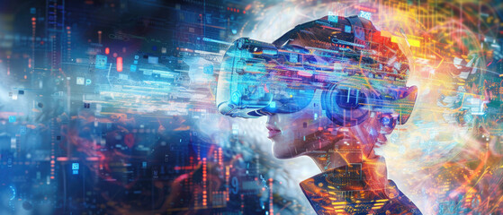 Adult girl uses VR headset on tech background, banner with young woman playing futuristic glasses. Concept of technology, virtual reality, cyberpunk, art, digital future