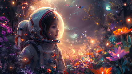 Child in spacesuit in magical garden on planet, kid and luminous flowers in space. Little girl in fantasy fairy tale forest with lights. Concept of travel, beauty, world, nature - obrazy, fototapety, plakaty