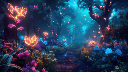 Dark fairy tale forest with luminous flowers, mystery path in magical woods, neon glowing plants and lights in wonderland. Concept of fantasy night, beauty, nature, landscape, art