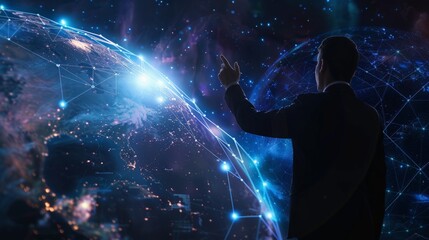 Businessman touching global network and data customer connection on space background