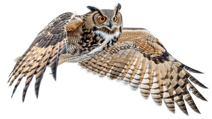 Eurasian Eagle-Owl, Bubo bubo, 15 years old, flying against white background