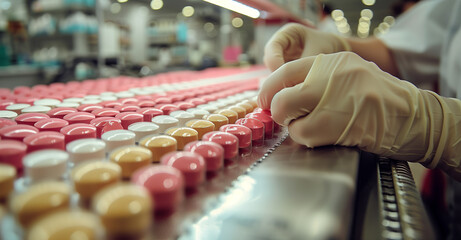 Worker in gloves handling ingredients on conveyor belt in a food factory - obrazy, fototapety, plakaty