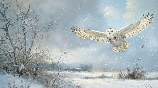 Low flying snowy owl, hunting for prey. Winter in Minnesota.
