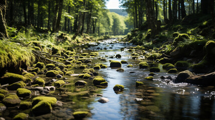 Dans une forêt silencieuse, un ruisseau chante. Les arbres veillent, la nature respire. Équilibre fragile à protéger.