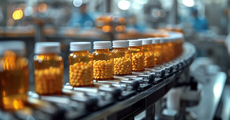 Conveyor belt filled with pill bottles at a factory - obrazy, fototapety, plakaty