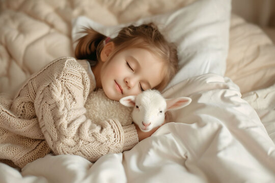 A young girl, in a knit sweater, affectionately embraces a baby lamb, showcasing a bond between child and animal in a cozy setting, adorable, cute picture used for white aesthetics