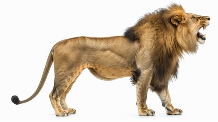 Side view of a Lion roaring, standing, Panthera Leo, 10 years old, isolated on white - obrazy, fototapety, plakaty