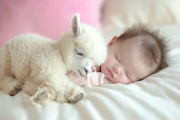 Fototapeta na wymiar an adorable baby is sleeping next to a small white alpaca. A very cute setting used for infant and animal bonds and babies.