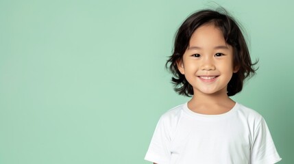Portrait of a smiling young girl with a mint green background, expressing happiness and innocence. Suitable for education, parenting, and health themes.