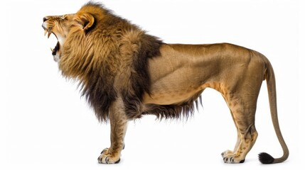 Side view of a Lion roaring, standing, Panthera Leo, 10 years old, isolated on white - obrazy, fototapety, plakaty