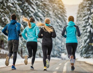Naklejka premium group of friends running and jogging in the forest and park. concept for healthy lifestyle in marathon training