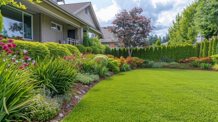 Neatly landscaped backyard of a modern home with trimmed hedges and a lush green lawn, perfect for architecture and home design.
