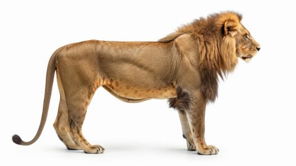 Side view of a Lion standing, Panthera Leo, 10 years old, isolated on white - obrazy, fototapety, plakaty