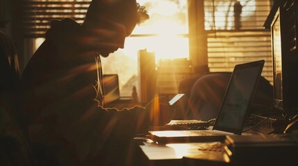 Silhouette of cropped shot of a young man working from home using smart phone and notebook computer, man's hands using smart phone in interior, - obrazy, fototapety, plakaty