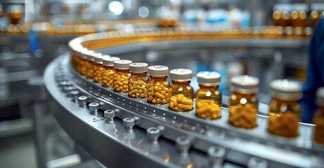 Conveyor belt in pharmacy filled with bottles of pills