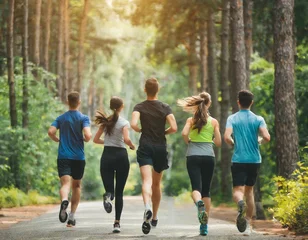 Deurstickers group of friends running and jogging in the forest and park. concept for healthy lifestyle in marathon training © SandraSevJarocka