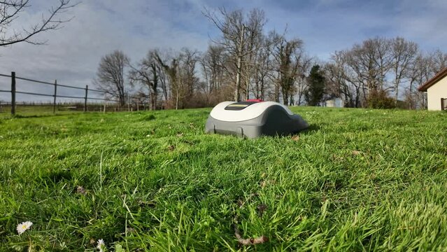 Robot tondeuse qui passe de gauche &agrave; droite vers la maison