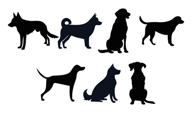 Set of silhouettes of dogs, domestic animal cartoon in different shapes 