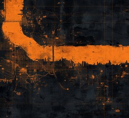 Abstract Cityscape in Orange and Black Modern Artistic Interpretation of Urban Landscape on Monochromatic Background