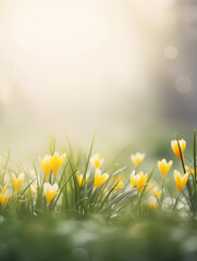Yellow spring crocuses with grass on a blurred background. Ai generative soft photography in pastel tones with copyspace perfect for poster, cover or seasonal advertising