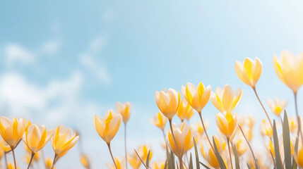 Yellow spring flowers on a blurred sky background. Ai generative soft photography in pastel tones...