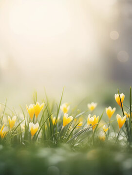 Fototapeta Yellow spring crocuses with grass on a blurred background. Ai generative soft photography in pastel tones with copyspace perfect for poster, cover or seasonal advertising