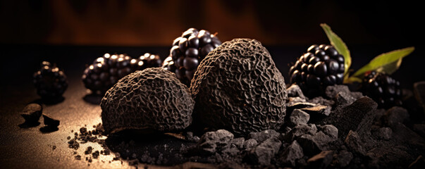 Obraz premium Black truffle on wooden table. Luxury ingredients.