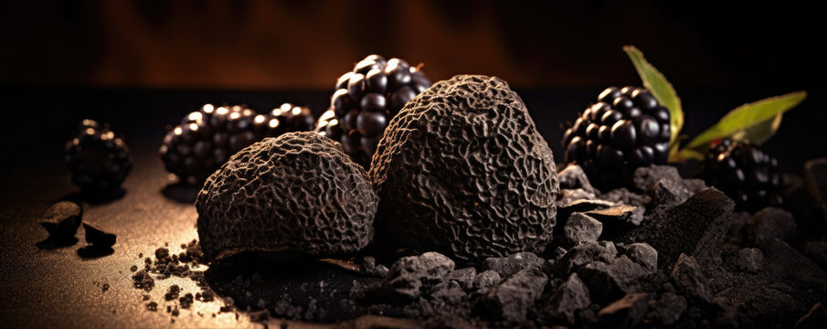 Black truffle on wooden table. Luxury ingredients.