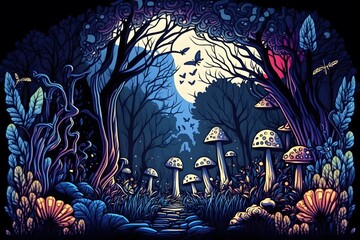 an intricate and detailed abstract t-shirt design of a beautiful magical fantasy forest with glowing mushrooms and faery mystical creatures under a full moon at night using algorithmic art, phylloa