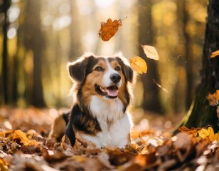 Beautiful happy dog in the forest with brown autumn leaves falling