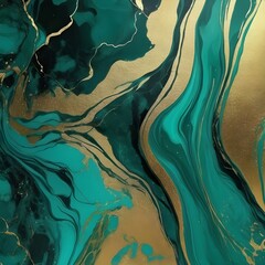 Green marble with golden veins abstract ink paint liquid background. Green and golden texture with marble surface. Dark green aqua abstract painted wavy marble background.