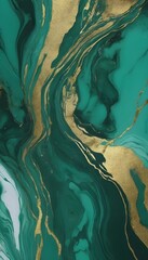 Green marble with golden veins abstract ink paint liquid background. Green and golden texture with marble surface. Dark green aqua abstract painted wavy marble background.
