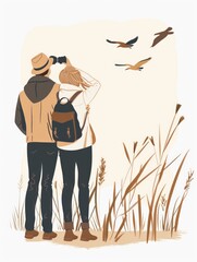 Couple's Romantic Bird Watching Hike in Vibrant Pastel Colors Generative AI