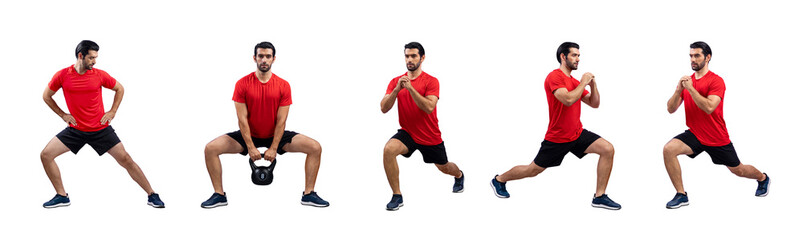 Healthy and active young man in sportswear with different professional fitness posture set of...