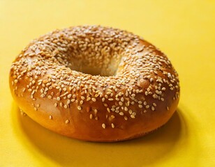 tasty delicious bagel on solid yellow background idea for breakfast american style