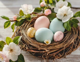 Ester banner for commercial with green gold egg and rabbit, bunny and flowers, pastel colors and negative space