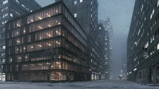 Snow in an empty city. Heavy snowfall in the city. Snowstorm in Manhattan. City with snow flakes. 3d illustration