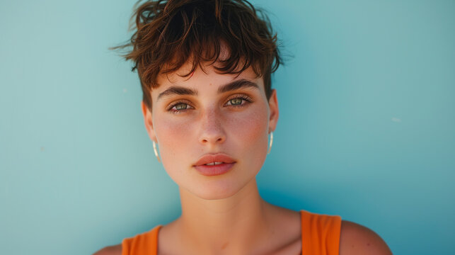 Portrait of non binary person on light blue background.