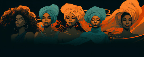 Array of African Queens in Traditional Attire. Black History Month concept - obrazy, fototapety, plakaty