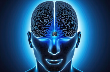Obraz premium Human brain with microchip. illustration.