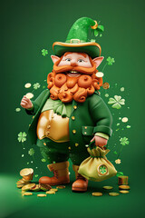 Leprechaun with gold coins and clover. St. Patrick's Day.