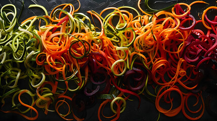 Image of An artistic flatlay of spiralized vegetables creating a colorful tapestry of zucchini carrots and beets on a sleek dark background. printed on Printed Glass Splashbacks