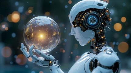A robot looking at a small sphere with light. Concept for AI and human interaction and connection.