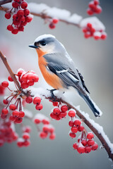 Close up photo of bird sitting on branch with red berries in snow. Bullfinch, titmouse, sparrow on a ashberry, hawthorn berries, rowan tree branch in cold. Wintering of non-migratory birds concept.
