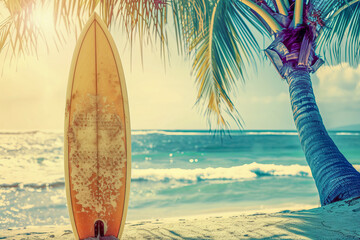 Surfboard in contrast on the beach and palm tree