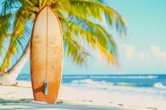 Surfboard in contrast on the beach and palm tree