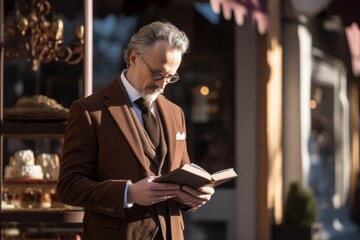 A well-dressed man in a chocolate brown blazer, deeply immersed in a book, standing outside a...